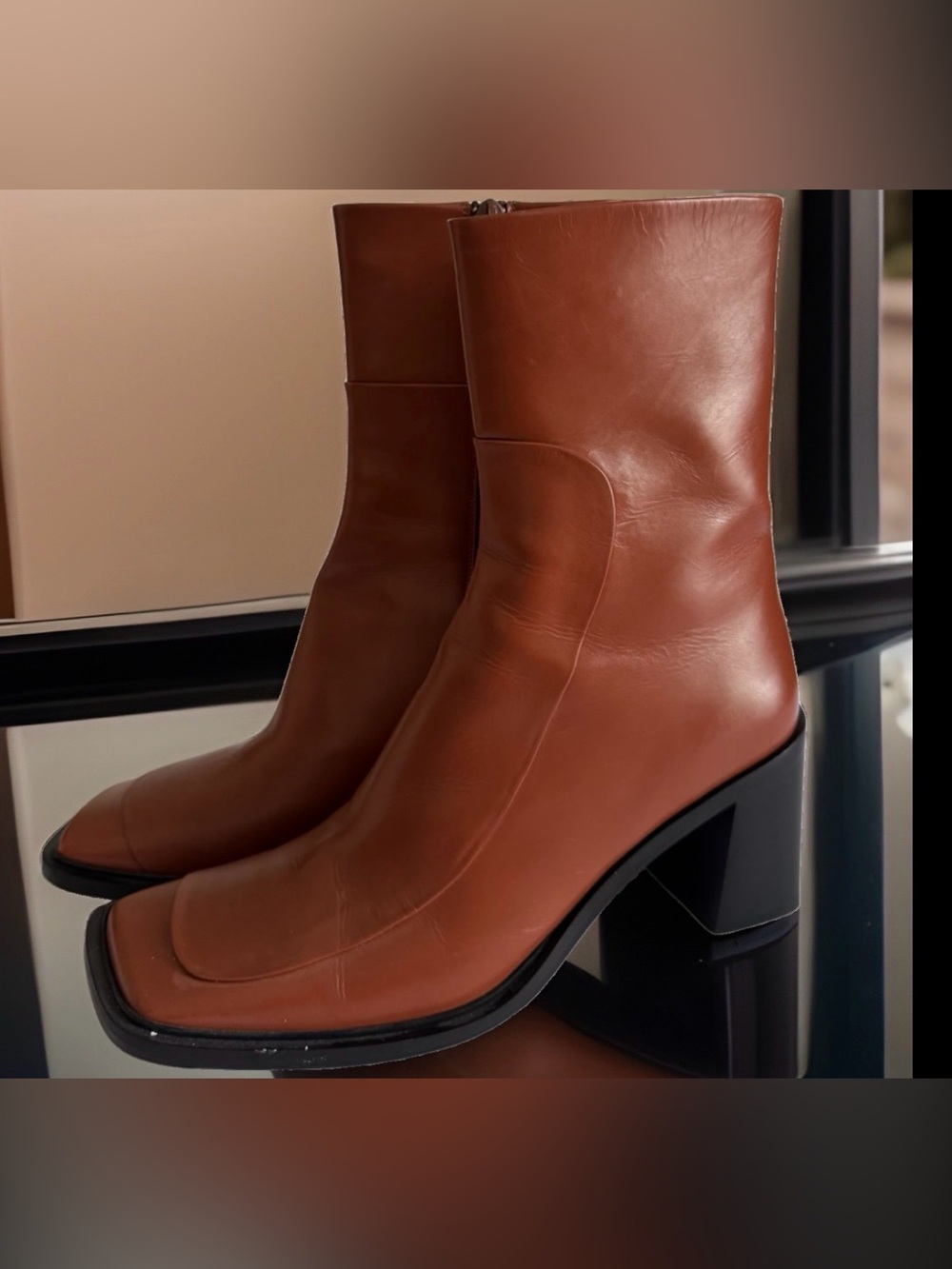 The Row Patch Brown Leather Square Toe Ankle Boots US 8.5 Made Italy New